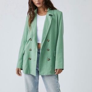 NWT Free People Olivia Linen Blend Double Breasted Waist Tie Blazer Size Medium